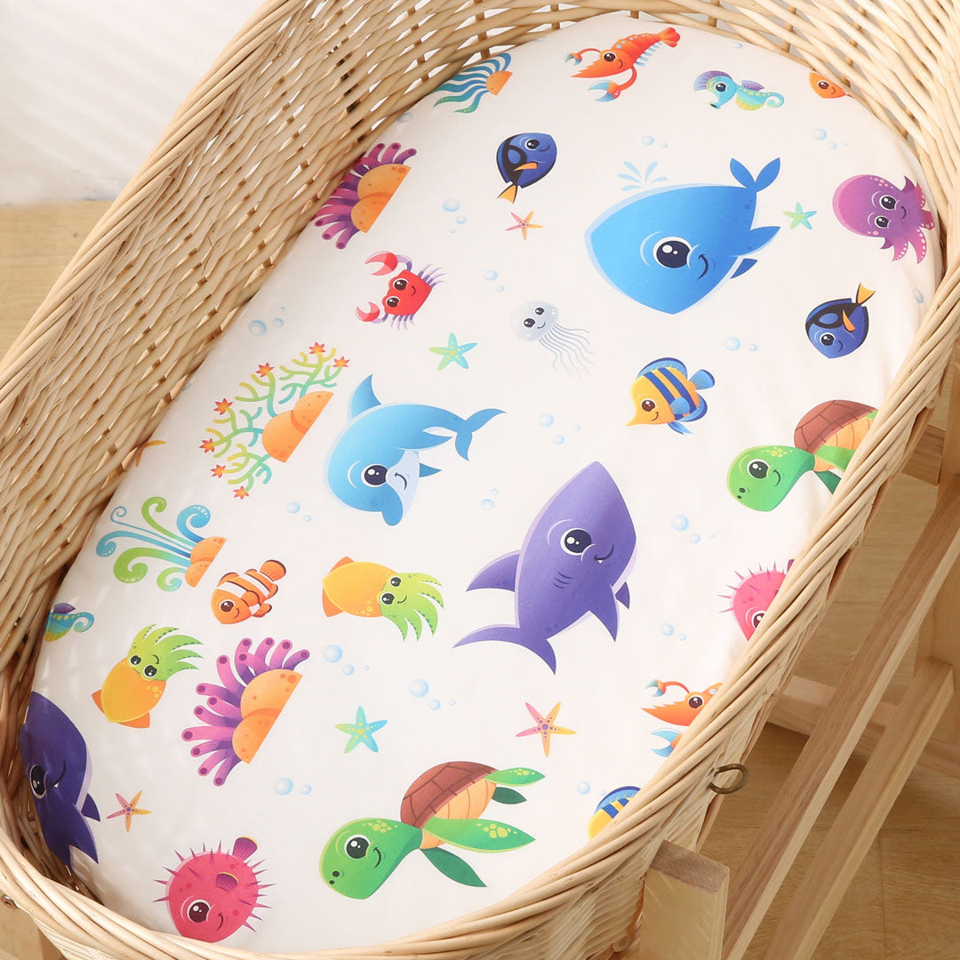 Aqua Fishes Fitted Bassinet Sheet front size - 80x50 cm