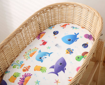 Aqua Fishes Fitted Bassinet Sheet front size - 80x50 cm top view