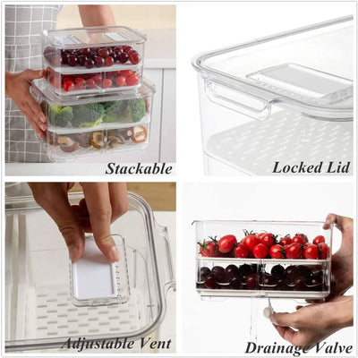 Fridge Storage Containers with adjustable insert trays & Drainage plug - 2 Pack - Front 1