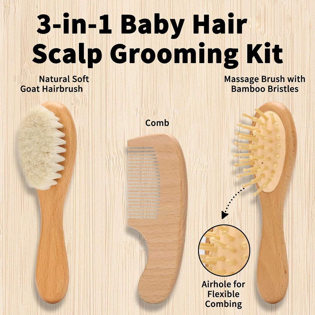 Percy Wooden Baby Hair Brush, Massage Brush & Comb Set