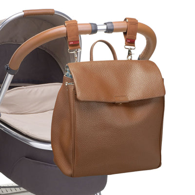 Storksak St James Leather Tan Nappy Bag Backpack on Pram