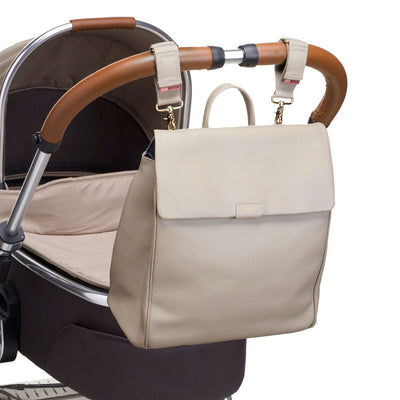 Storksak St James Leather Taupe Nappy Bag Backpack on Pram